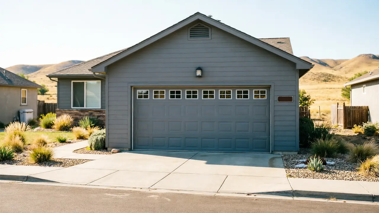 A gray house with a gray garage door and windows sits on a sunny day.