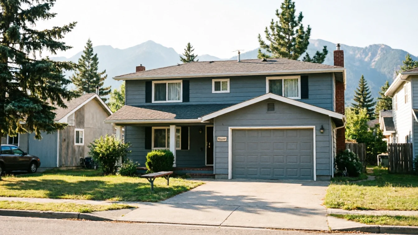 The house has a gray garage door, gray siding, and a brown roof.