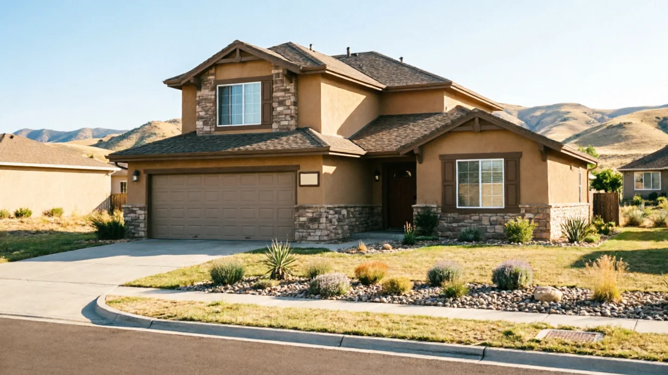 A two-story house with a brown garage door and stone accents.
