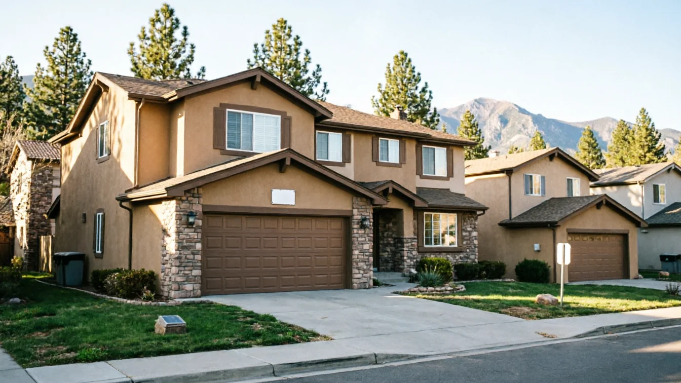 A two-story house with a brown garage door stands on a sunny street.