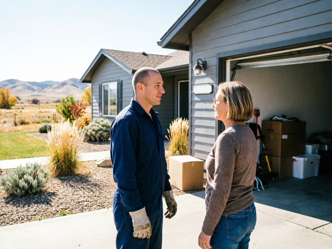 A technician in a blue uniform talks to a woman in front of a house.