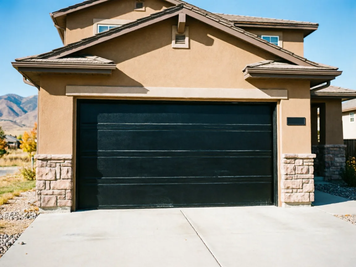The house has a black garage door with horizontal panels and stone accents.