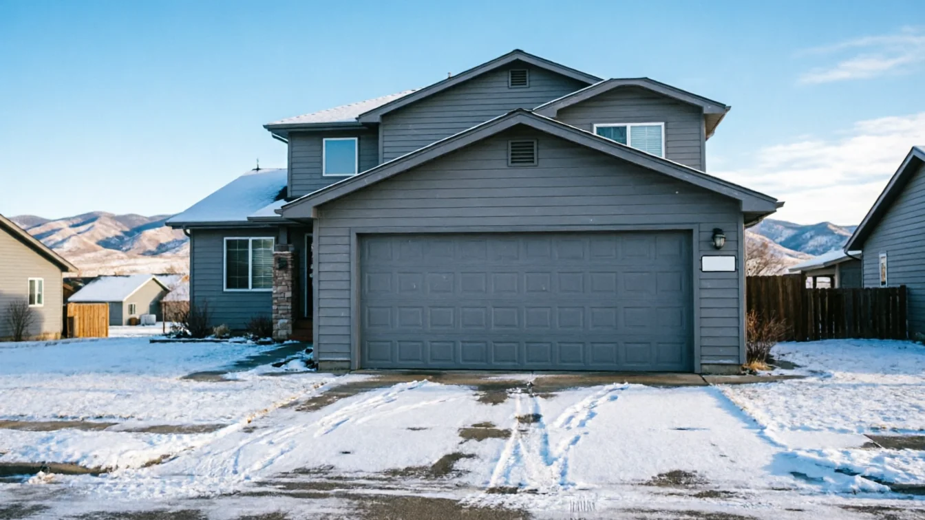 A gray house with a two-car garage and a snow-covered driveway.